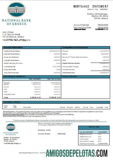 Declaração de hipoteca bancária do Banco Nacional da Grécia da Grécia exemplo real